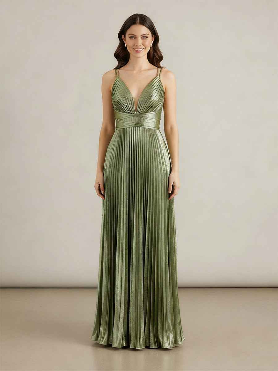 Grecian Inspired A Line V Neck Prom Dress With Pleats And Spaghetti Straps