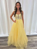 Yellow A Line V Neck Backless Lace Prom Dress Ball Gown