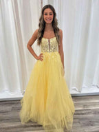 Yellow A Line V Neck Backless Lace Prom Dress Ball Gown