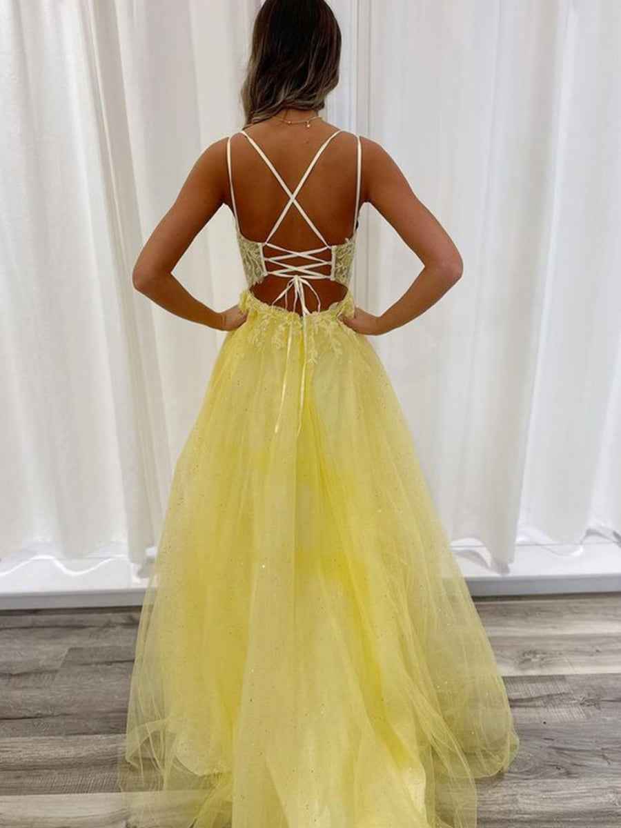 Yellow A Line V Neck Backless Lace Prom Dress Ball Gown