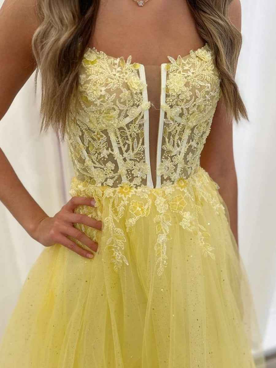 Yellow A Line V Neck Backless Lace Prom Dress Ball Gown