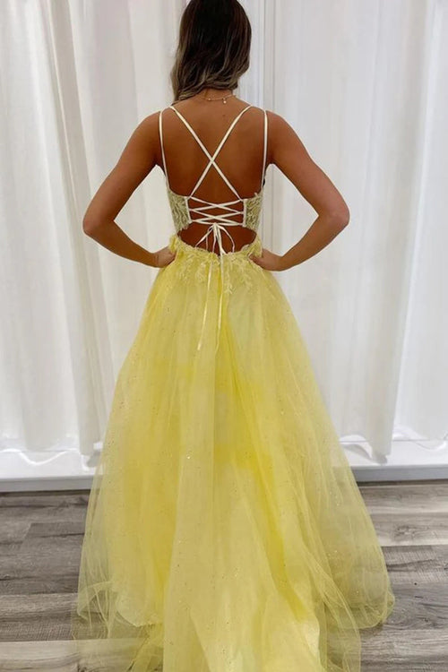 Robe longue de bal jaune en dentelle, dos nu, col en V, coupe droite