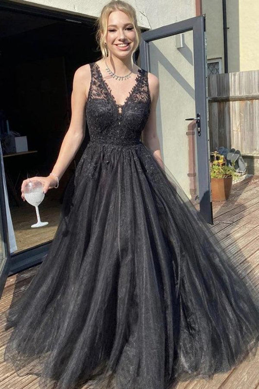 Vestido de fiesta de tul negro con escote en V y corte A, vestido formal negro