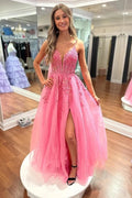 A Line V Neck Hot Pink Lace Long Prom Dresses with Slit