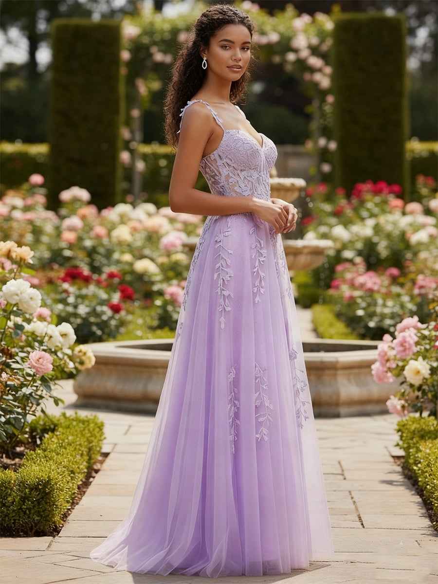 Lavender A Line V Neck Tulle Prom Dress With Beaded Applique