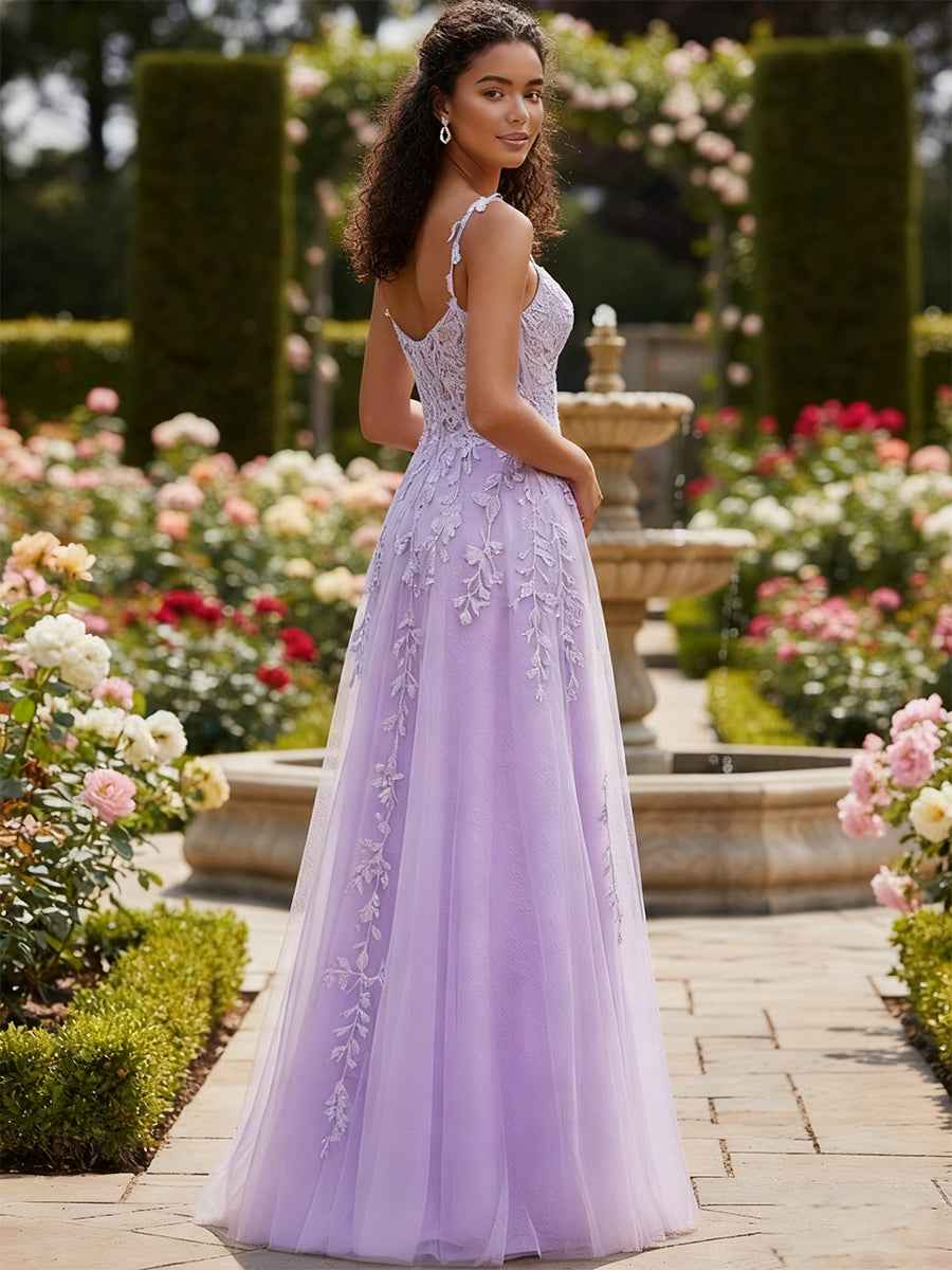 Lavender A Line V Neck Tulle Prom Dress With Beaded Applique