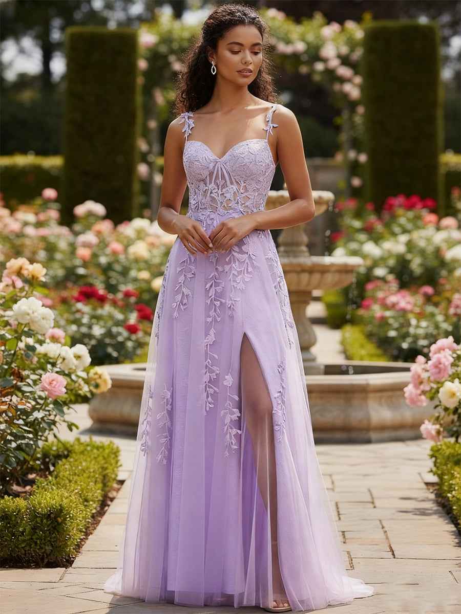 Lavender A Line V Neck Tulle Prom Dress With Beaded Applique