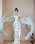 Abito da sera a sirena blu con stampa floreale in raso elegante Y8543