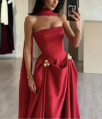 Encantador vestido largo de fiesta burdeos de satén en línea A sin tirantes vestido de noche Y8046