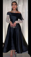 Robes de soirée noires à ligne A, col bateau, perles, manches longues, longueur au sol, satin, Arabie Saoudite, robes de cérémonie formelles pour mariage, Y4630