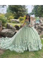 Abiti da ballo verde lussuosi Principessa Quinceañera con spalle scoperte e applicazioni floreali 3D Y4147