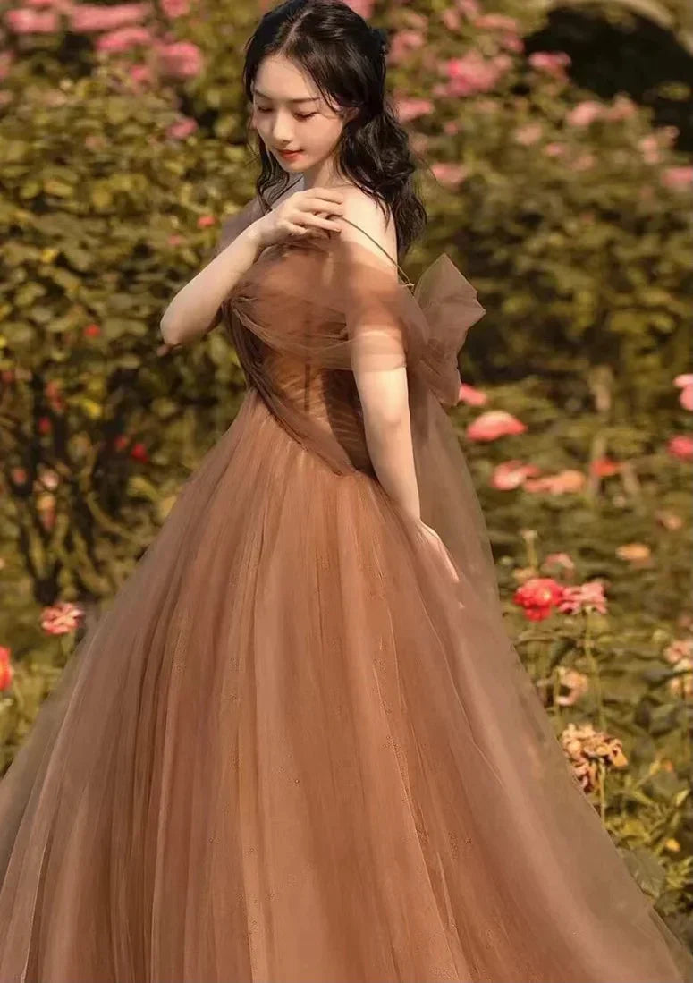Belle robe longue de soirée en tulle à bretelles, coupe trapèze, robe de fête en tulle Y4643