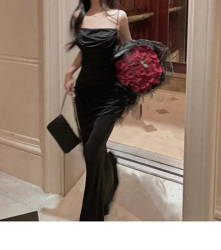 Abito da sera bianco a sirena con sottili spalline spaghetti, lungo, per ballo di fine anno Y7787