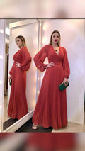 Elegante abito da sera a linea ad A con scollo a V e pieghe, abbigliamento per invitata a nozze Y5531