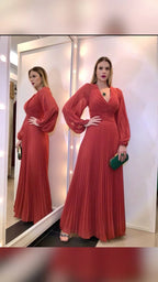 Elegante abito da sera a linea ad A con scollo a V e pieghe, abbigliamento per invitata a nozze Y5531