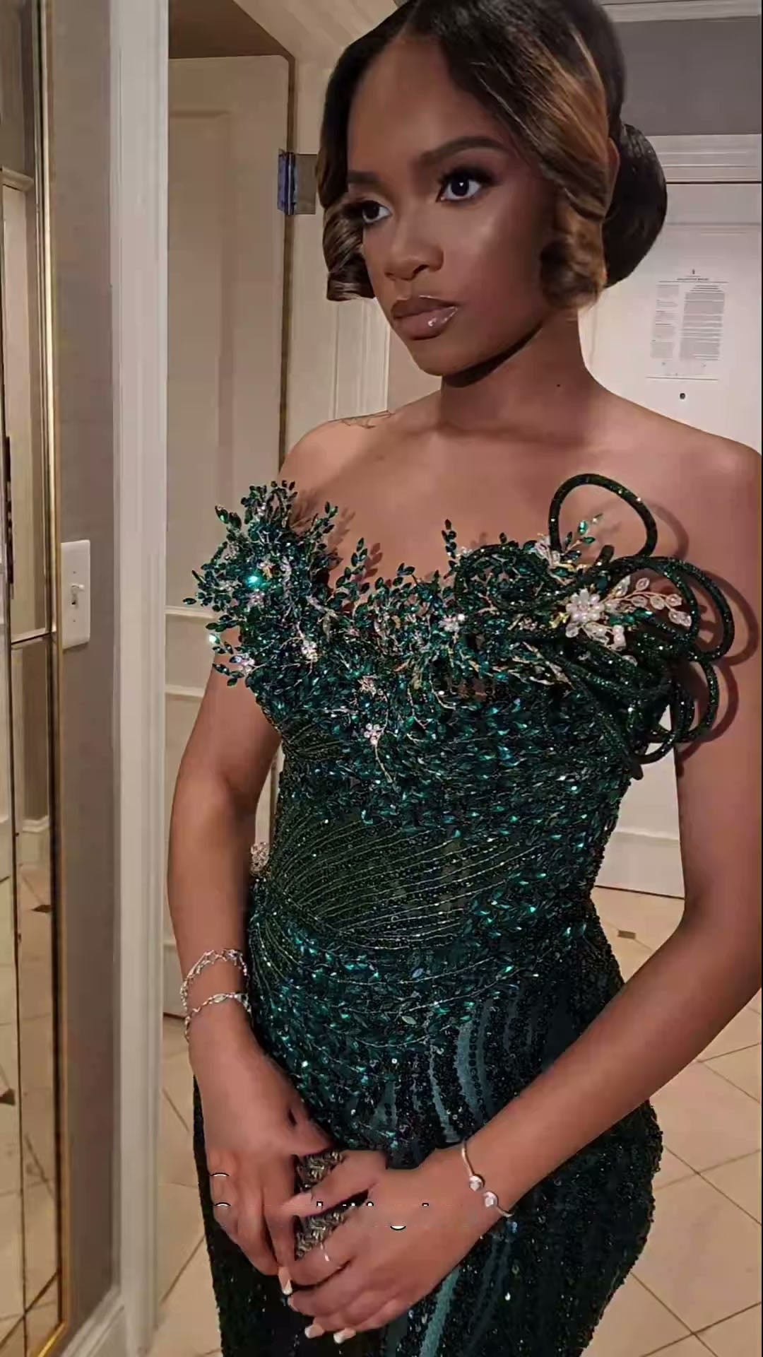 Emerald Sequin Prom Dress With 3D Florals And Spiral Embellishments