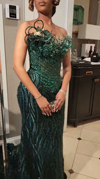 Emerald Sequin Prom Dress With 3D Florals And Spiral Embellishments