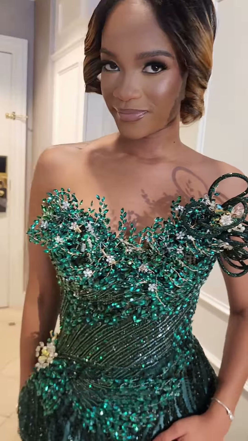 Emerald Sequin Prom Dress With 3D Florals And Spiral Embellishments