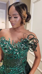 Emerald Sequin Prom Dress With 3D Florals And Spiral Embellishments