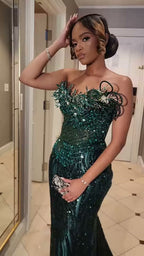 Emerald Sequin Prom Dress With 3D Florals And Spiral Embellishments
