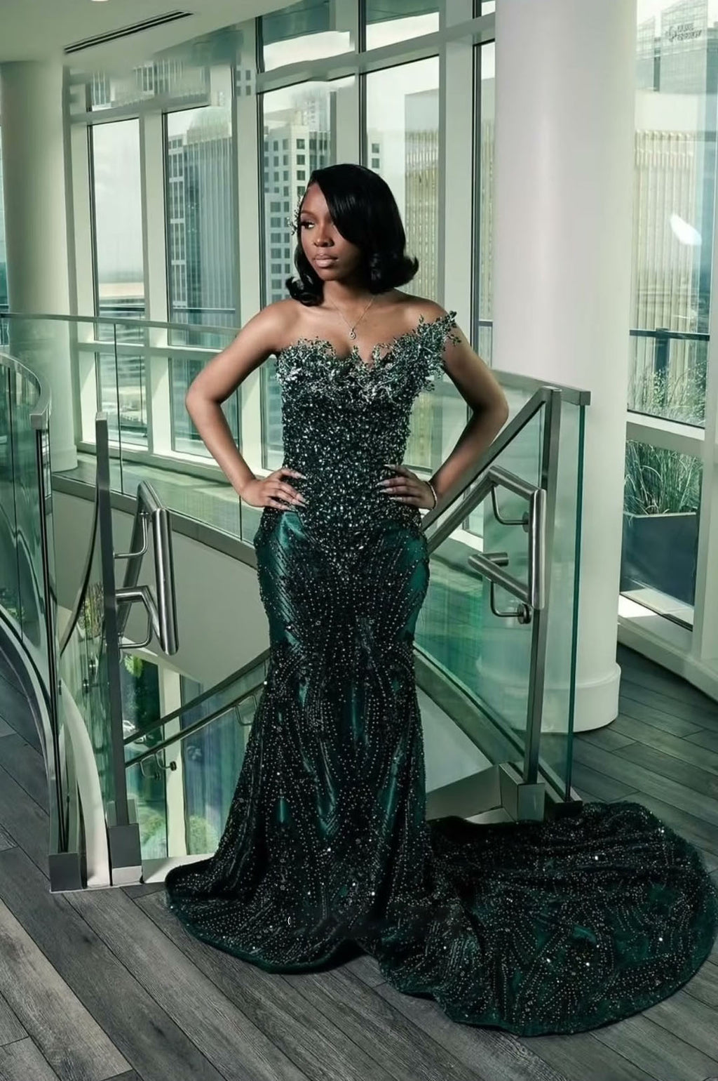 Dark Green One Shoulder Mermaid Prom Dress With Sparkle Embellishments