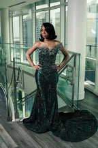 Dark Green One Shoulder Mermaid Prom Dress With Sparkle Embellishments