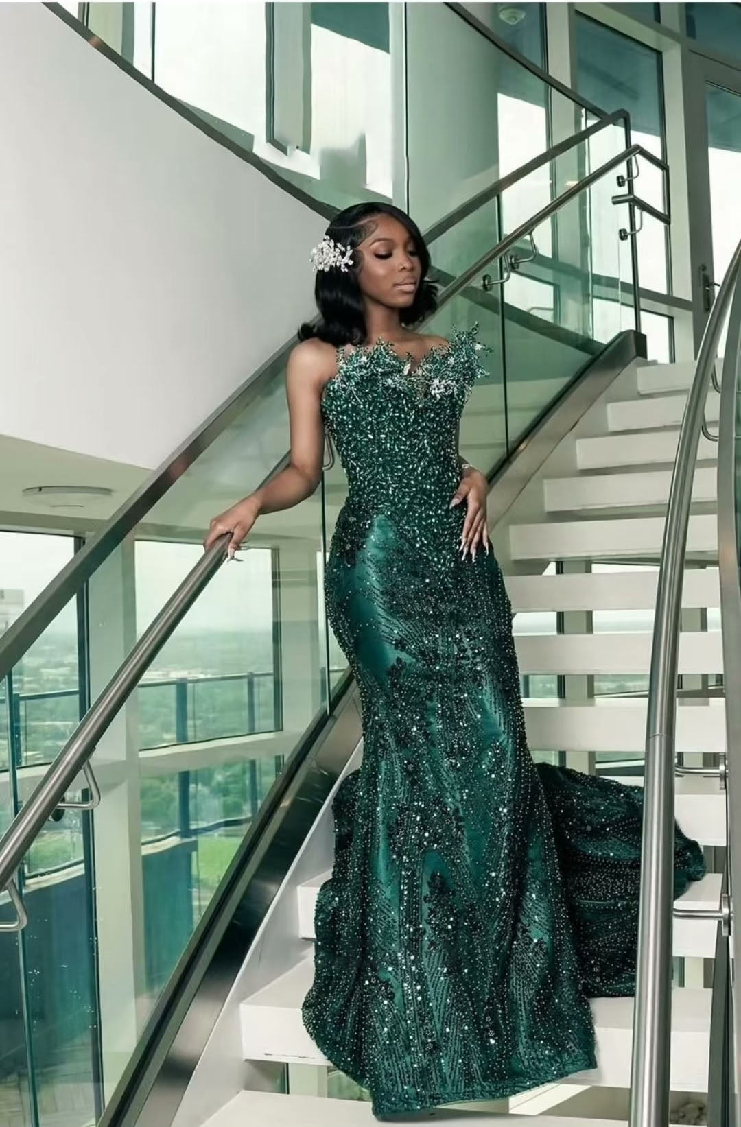 Dark Green One Shoulder Mermaid Prom Dress With Sparkle Embellishments