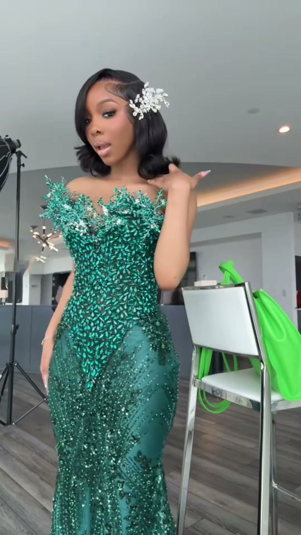 Dark Green One Shoulder Mermaid Prom Dress With Sparkle Embellishments