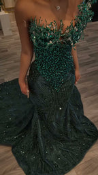 Dark Green One Shoulder Mermaid Prom Dress With Sparkle Embellishments