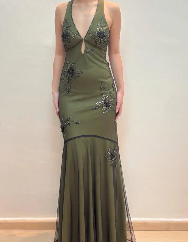 Vestido de noite vintage de cetim com alças, bordado com contas, estilo sereia, sexy, costas descobertas, verde, vestido de baile Y8228