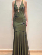 Vestido de noite vintage de cetim com alças, bordado com contas, estilo sereia, sexy, costas descobertas, verde, vestido de baile Y8228
