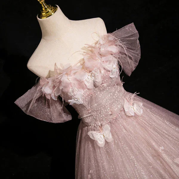 Vestido de noche formal elegante de tul rosa con lentejuelas, apliques de mariposas, modelo Y7996