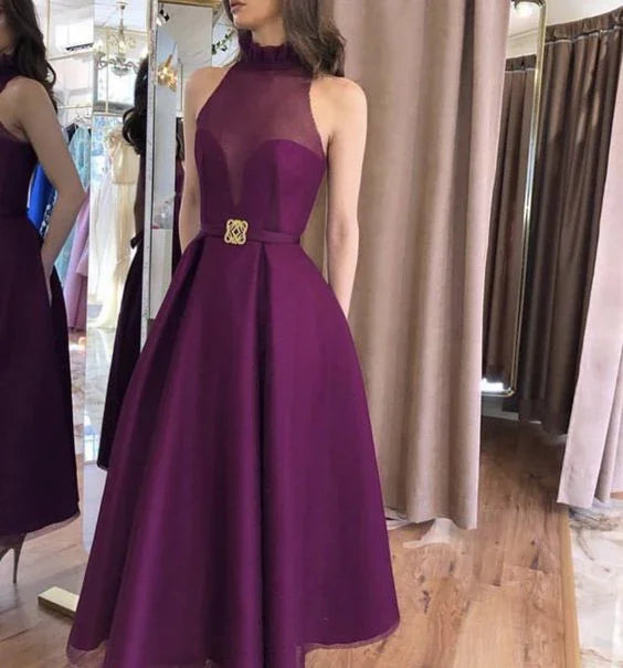 Vestito da sera viola senza maniche a linea ad A Vestito da sera viola con collo alto Y5859