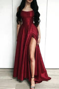 Vestido Longo de Festa Borgonha Encantador com Fenda Lateral, Vestidos de Baile Sensuais Y44