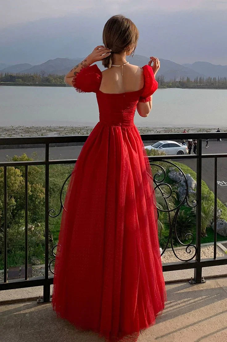Bellissimo abito da sera lungo in tulle rosso a linea ad A Y7771