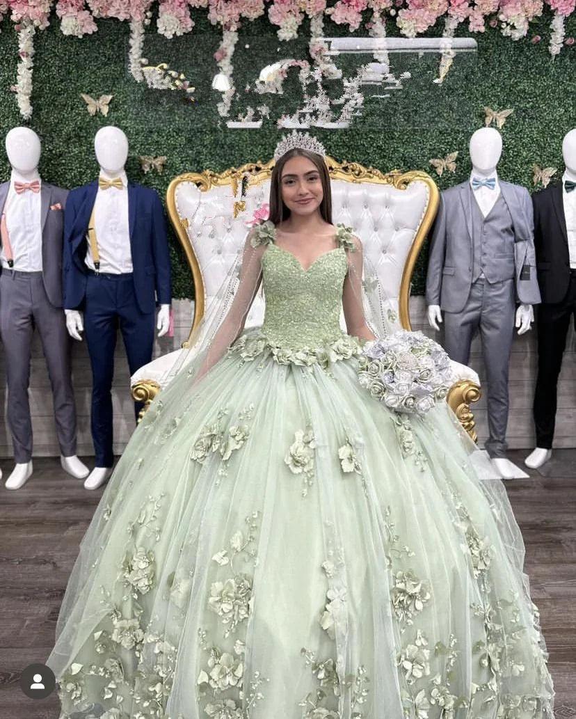 Robe boule charmante vert sauge, robe de seize ans, robe princesse à fleurs en relief 3D Y2321
