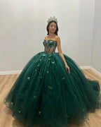 Vestido de Bola Verde de Tul con Mariposas, Vestido Dulce 16, Vestido Verde de Quinceañera Y2344