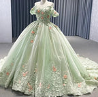 Robe de bal verte matcha à épaules dénudées avec appliques florales, dos à lacets scintillants, pour quinceañera, concours, occasion spéciale, gala Y2190