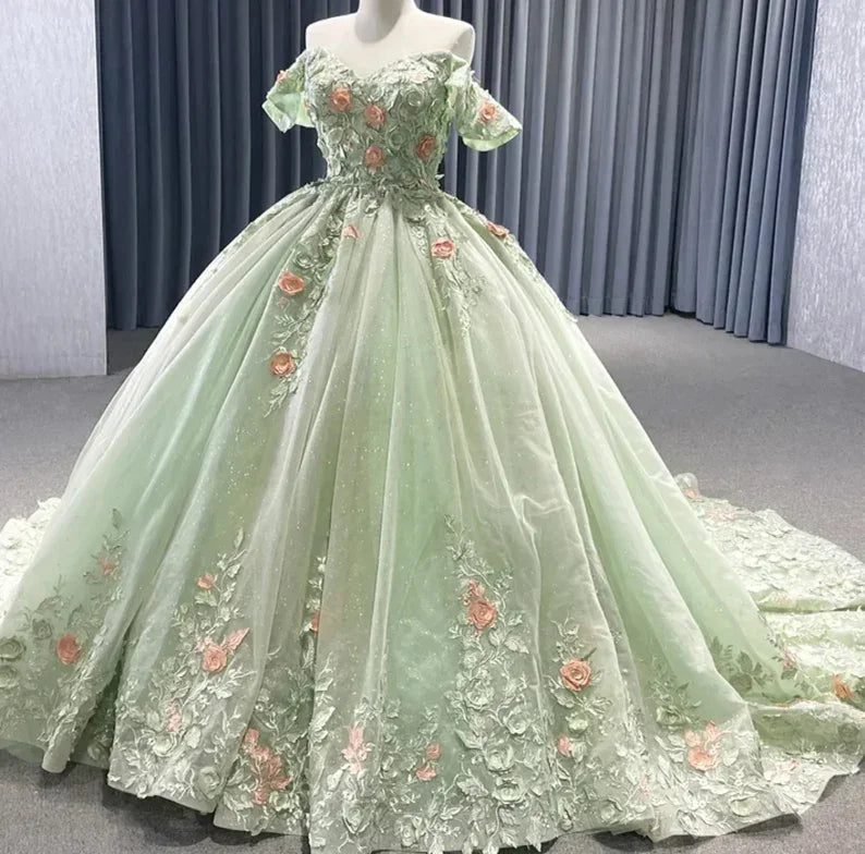 Robe de bal verte matcha à épaules dénudées avec appliques florales, dos à lacets scintillants, pour quinceañera, concours, occasion spéciale, gala Y2190