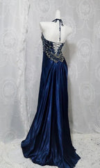Gorgeous Halter Satin Beaded Slit Evening Dress Formal Party Prom Dress Y7927