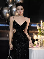 Abito da sera nero con paillettes scintillanti, vestito da sera sexy con schiena scoperta Y1124