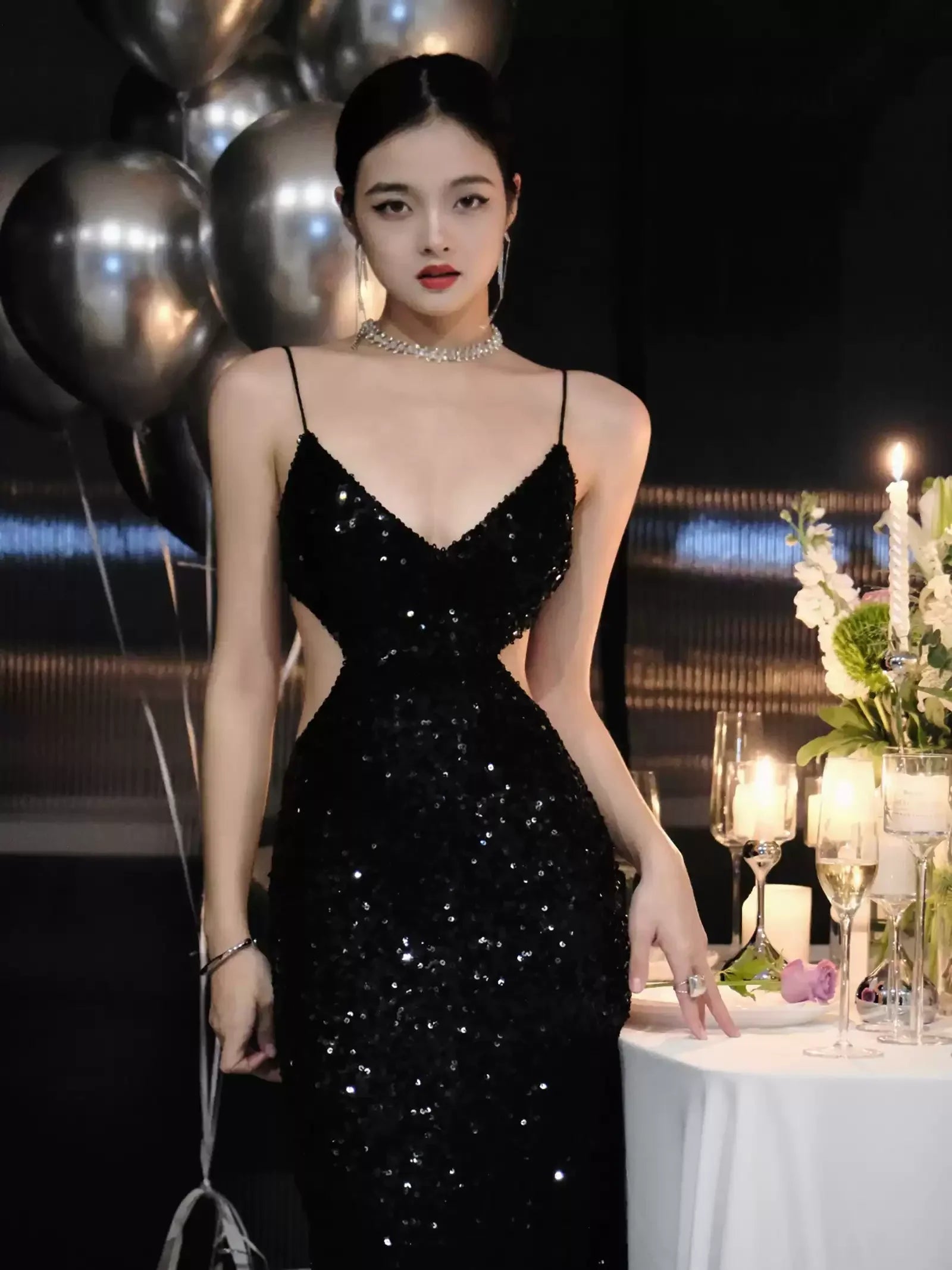 Abito da sera nero con paillettes scintillanti, vestito da sera sexy con schiena scoperta Y1124