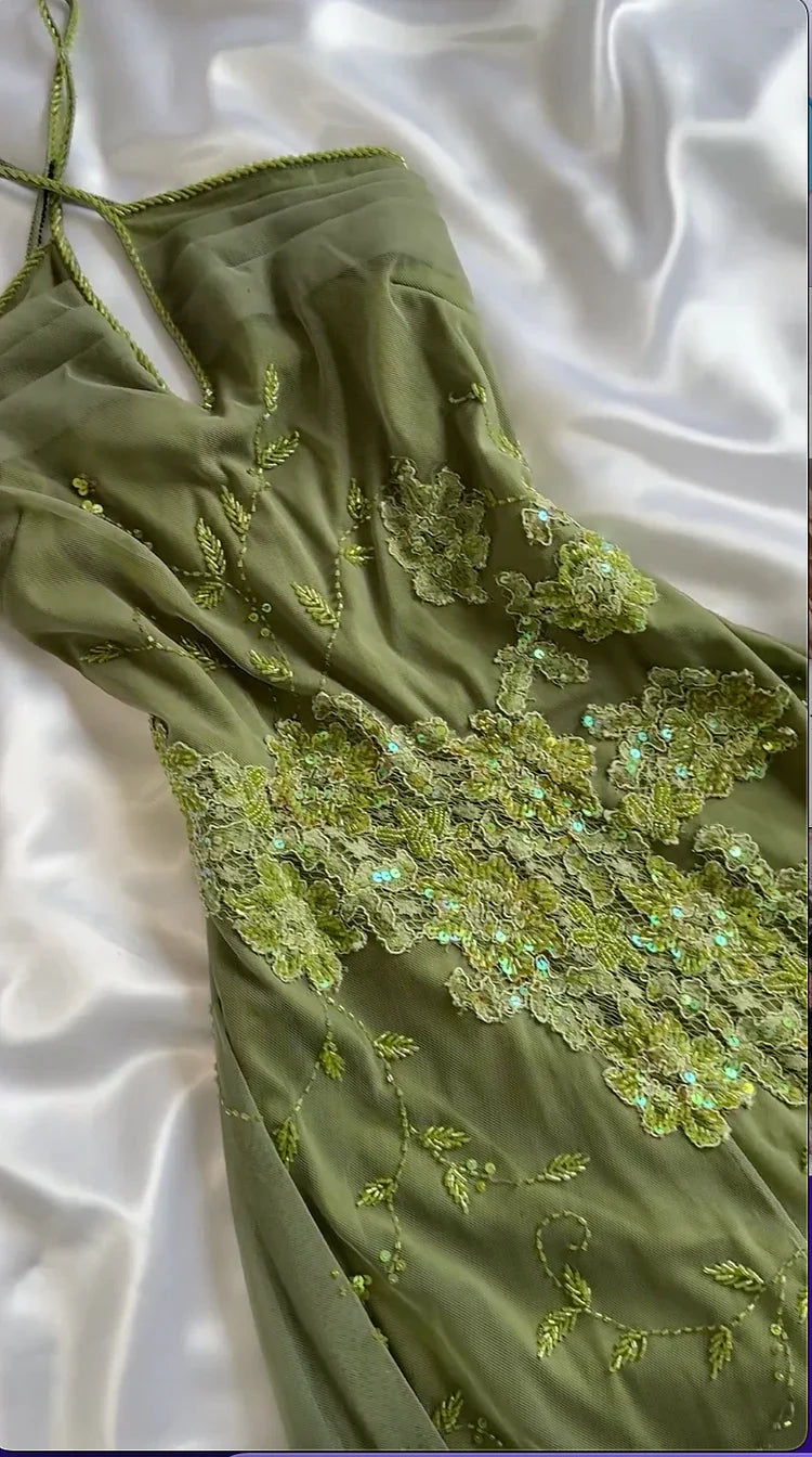 Abito da sera formale unico in chiffon verde con pizzo, paillettes e perline, modello Y8308