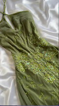 Abito da sera formale unico in chiffon verde con pizzo, paillettes e perline, modello Y8308