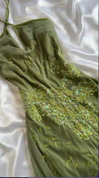 Abito da sera formale unico in chiffon verde con pizzo, paillettes e perline, modello Y8308