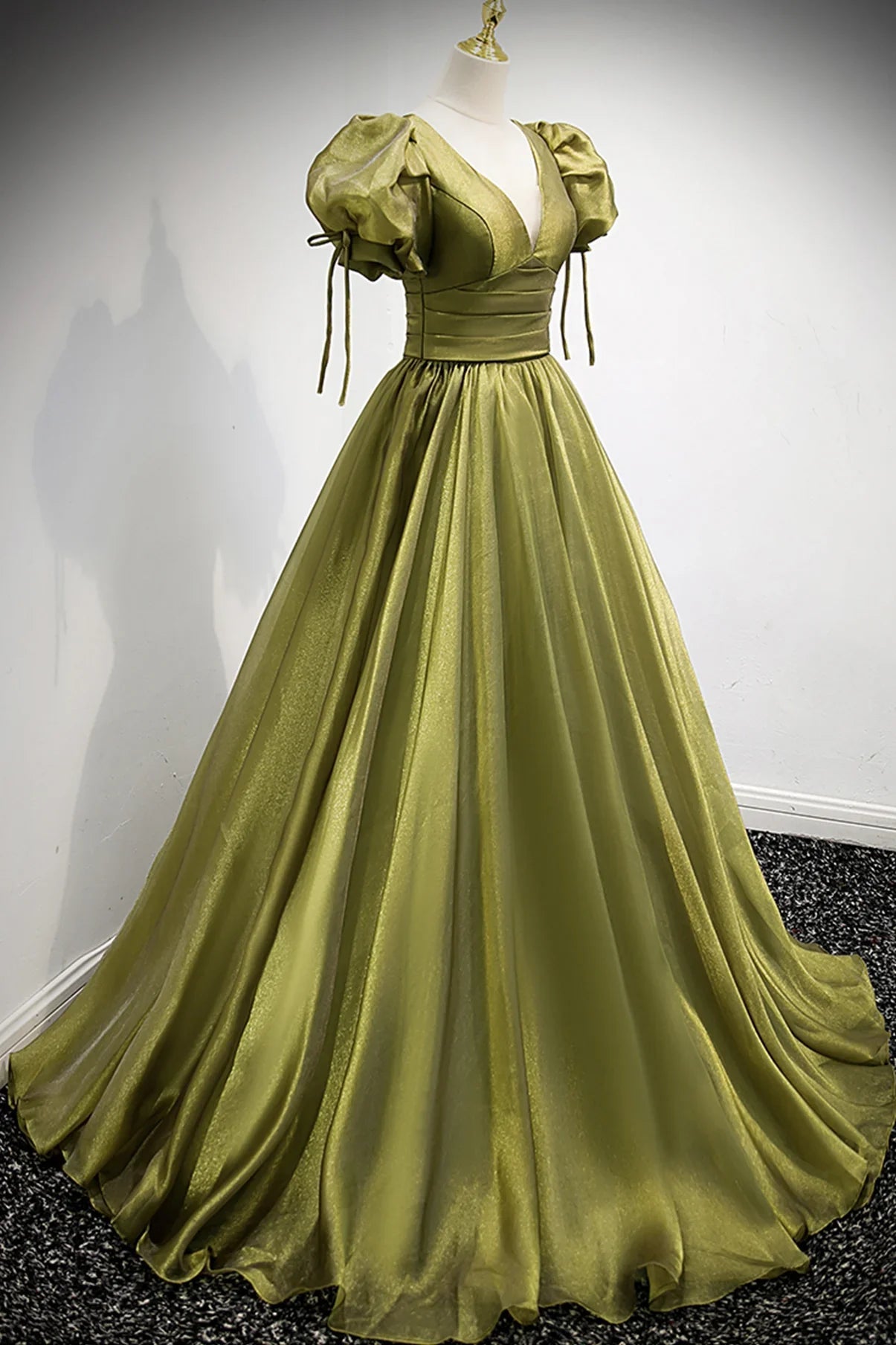 Vestido longo de baile verde com decote em V em tule Vestido de noite em linha A Y898