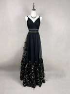 Splendido abito da sera nero in tulle con piume d'oro in seta a linea ad A, abito formale da ballo Y8652