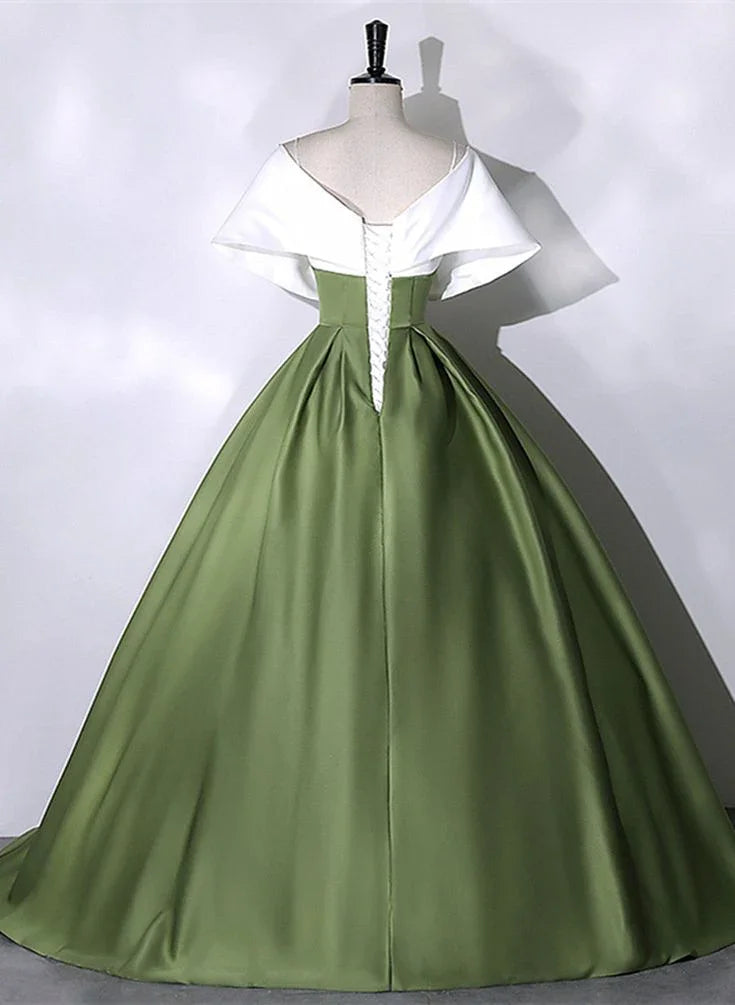 Grünes und weißes Satinlangballkleid langes festliches Kleid Y7001
