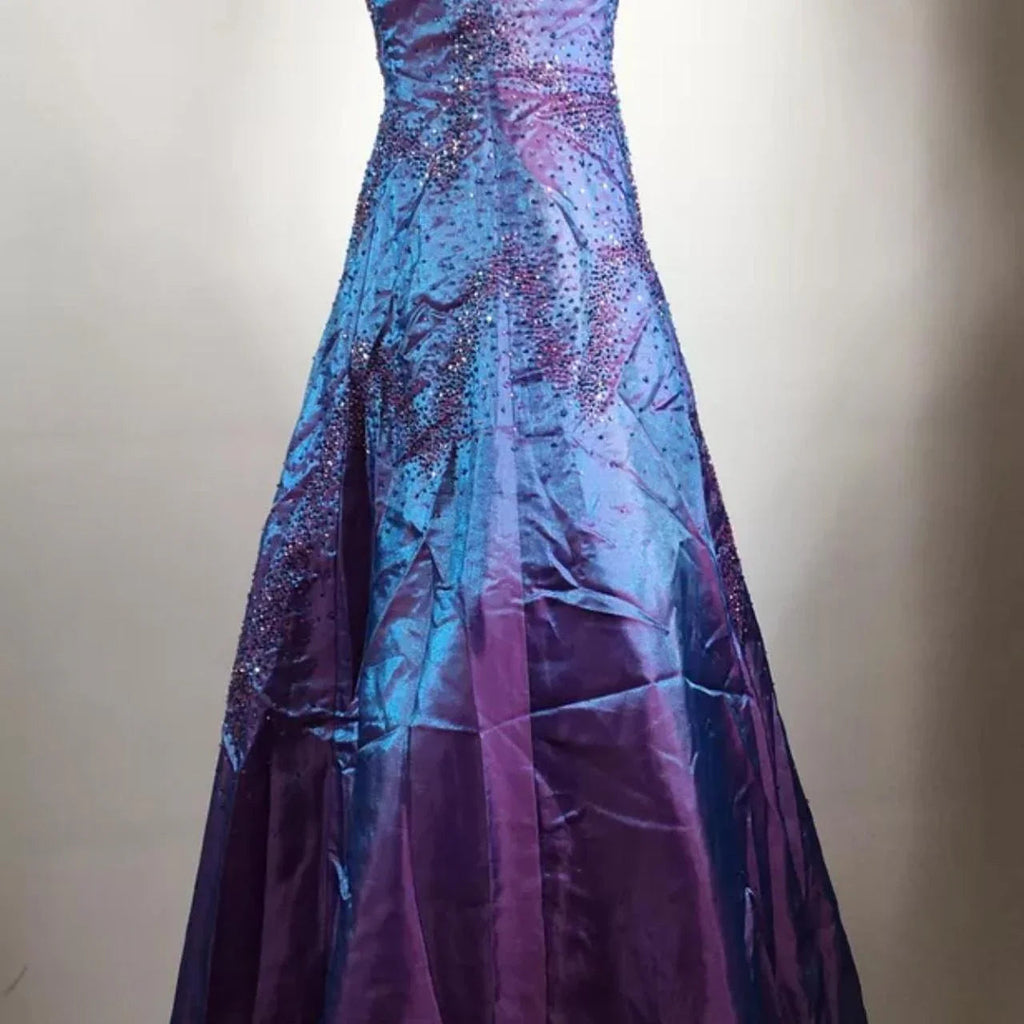Splendido abito da sera viola con perline a linea ad A, spalline sottili, vestito da festa e ballo Y7955
