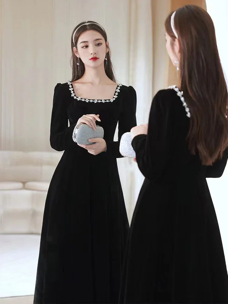 Vestido de noche negro, vestido de noche de terciopelo de alta calidad con mangas largas, hecho a medida Y2934